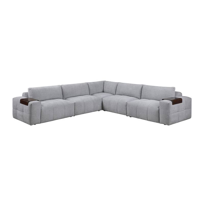 Mackay 143" Textured 5-Piece Modular Sectional Sofa with Armrest Tray - Gray