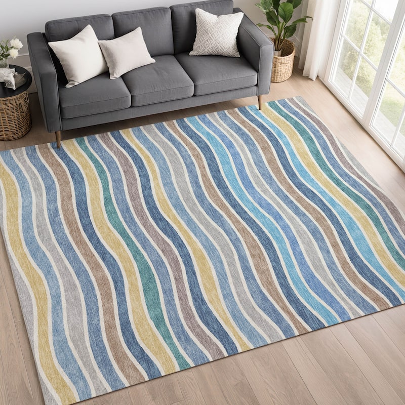 Machine Washable Indoor/ Outdoor Contemporary Stripe Chantille Rug