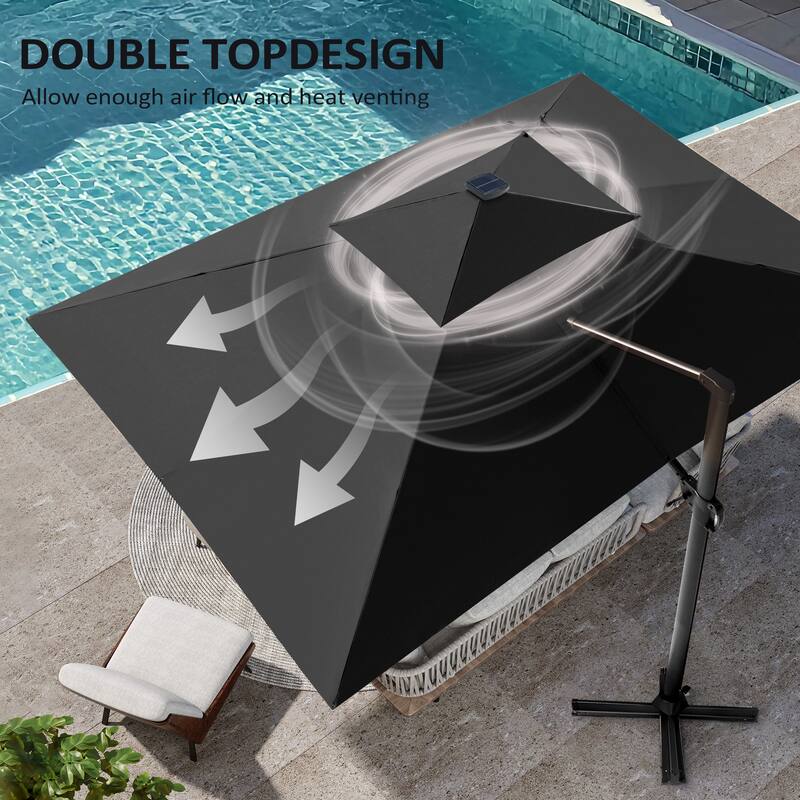 10 X 13 FT Outdoor Patio Cantilever Umbrella with Solar Lights 4-Piece Premium Base Double Canopy 360 Rotation Tilt