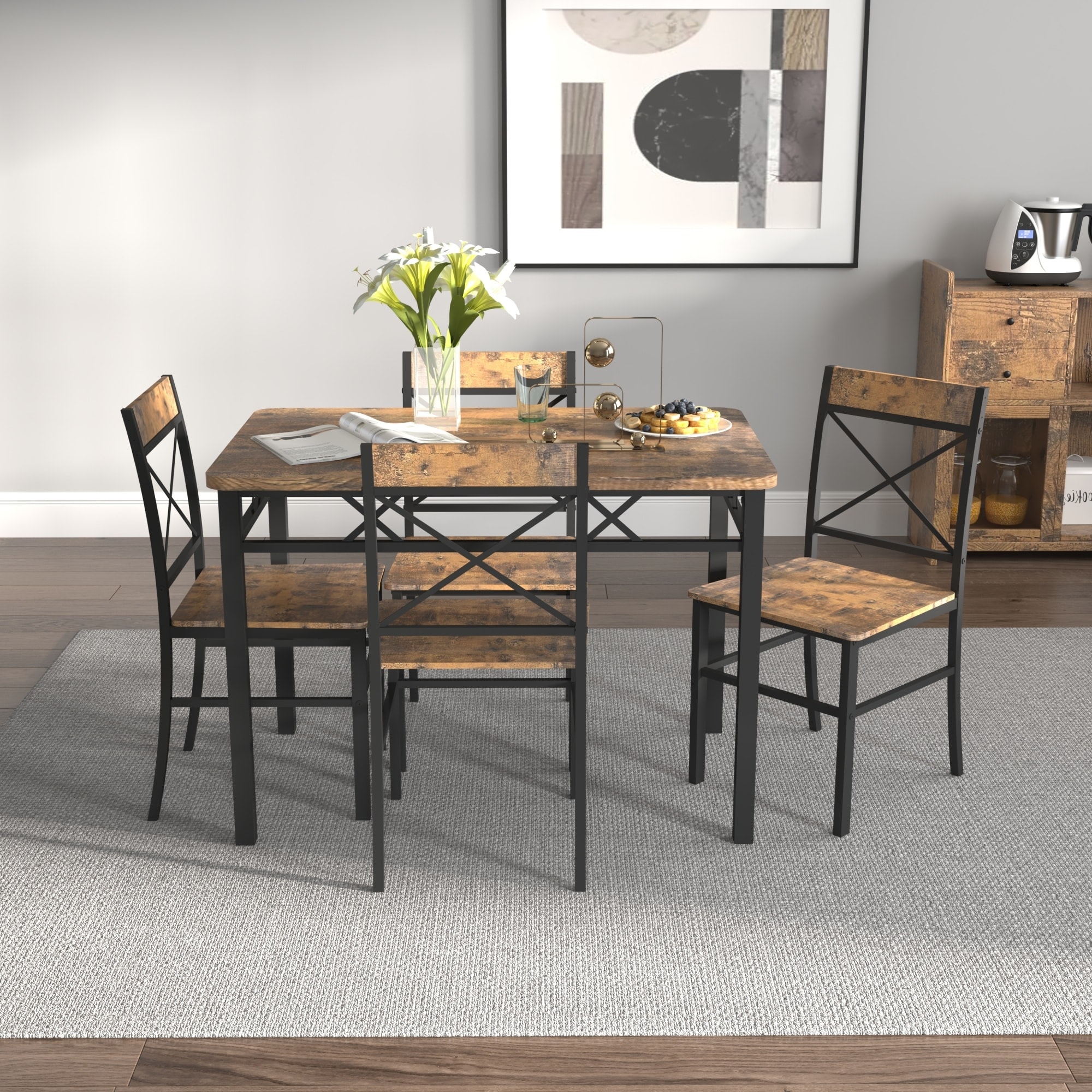 5-Piece Rustic Brown Wood Kitchen Dining Set with Table and 4 Chairs