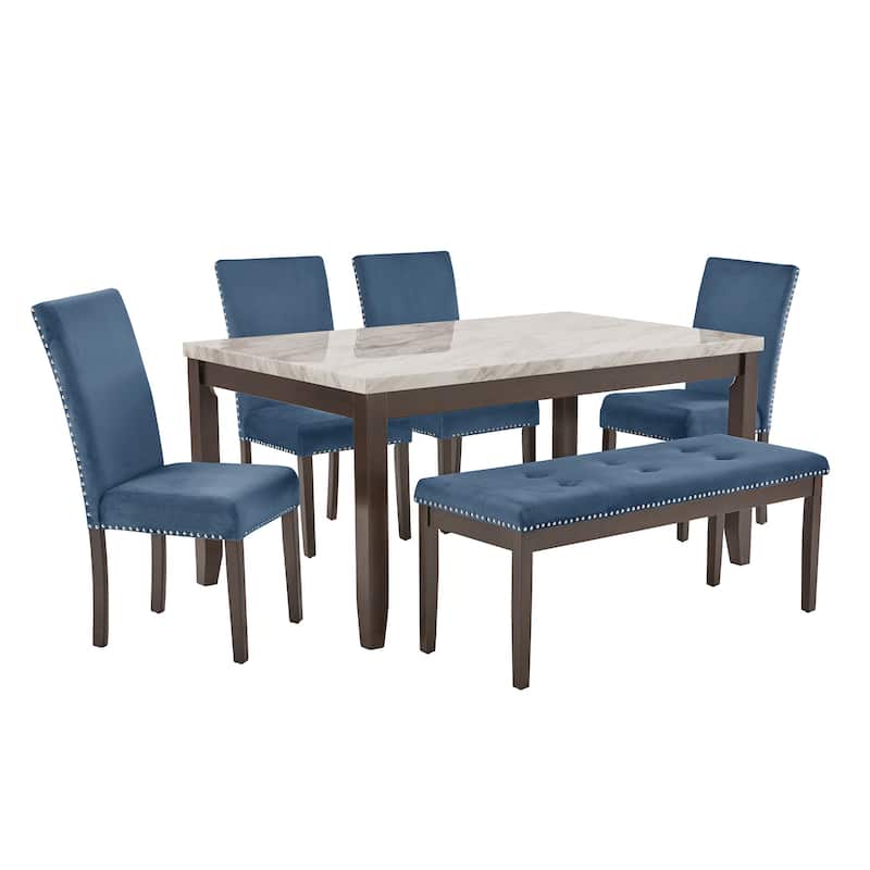 Balmforth 6 - Person White Faux Marble 64" Dining Table Set by iNSPIRE Q Classic - Blue Velvet