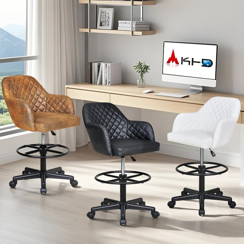VECELO PU Leather Drafting Chairs with Adjustable Height Diamond-Stitched 360° Swivel Task Chair with Metal Frame