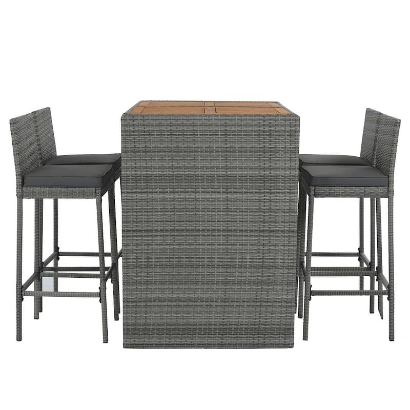 5-Piece Outdoor Patio Wicker Acacia Wood Table Top Bar Set, Gray