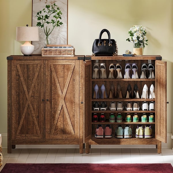 Wooden Shoe 40 Pair Shoe Cabinet With Doors Bamboo Shoe Shoe