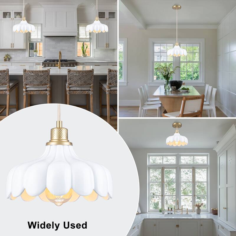 Modern Brushed Gold Pendant Light with Ceramic Flower Shade Fixture - Dia.10-in