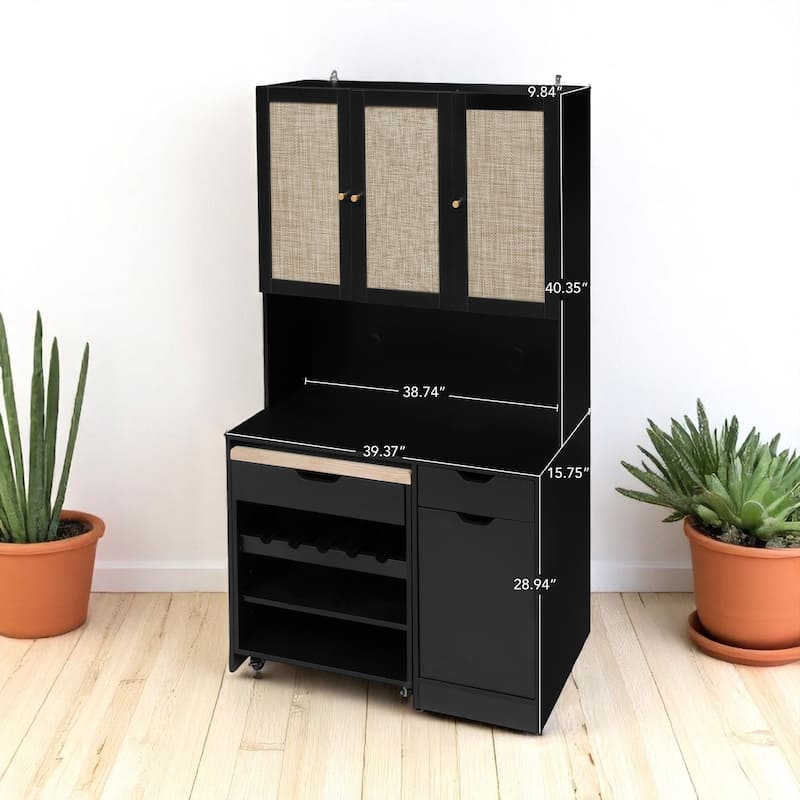 Black 69.3" Tall Kitchen Hutch Cabinet with Removable Cart, Microwave Shelf, Adjustable Shelves and Rattan Doors
