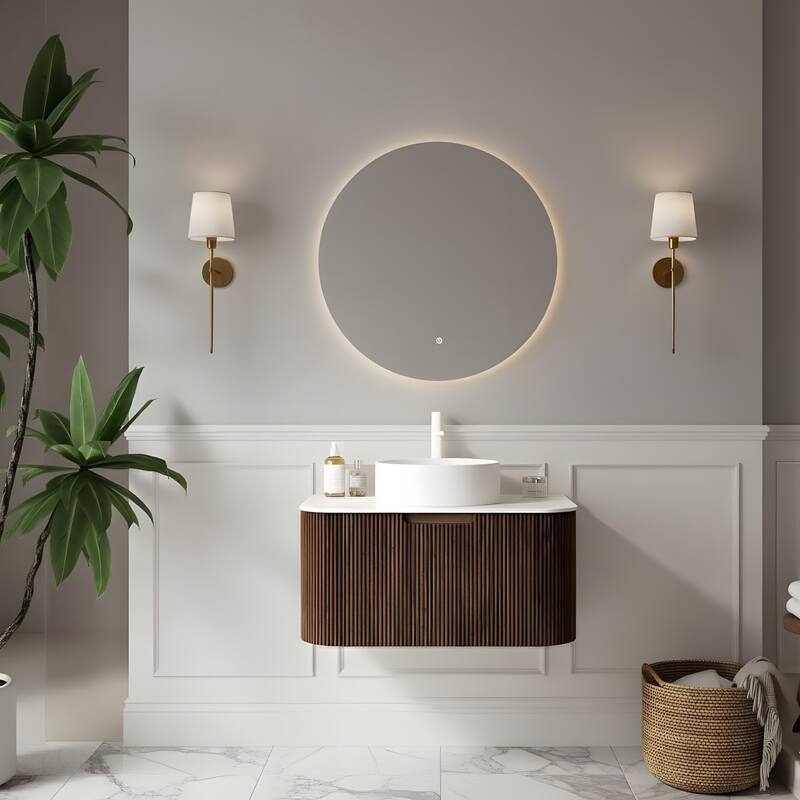 Wall Mounted Bathroom with White Round Ceramic Basin and Drawer - Dark Walnut - 30