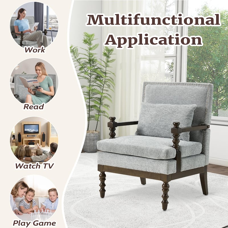 EROMMY Modern Accent Chair with Lumbar Pillow, Linen Fabric Spindle Arm Chair with Wood Frame for Living Room, Bedroom, Office