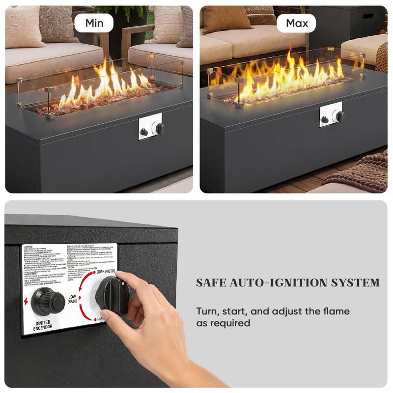 Meyreso Black Metal 43 in. Rectangular Outdoor Fire Pit Table 2-Piece Set with Side Table