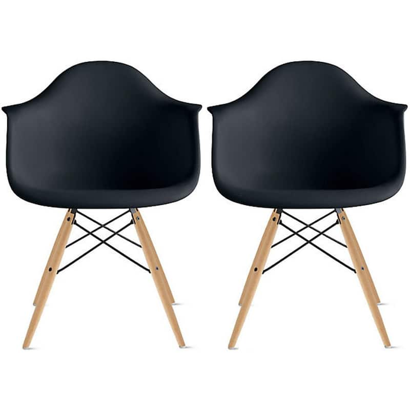 Set of 2 Plastic Accent Modern Designer Dining Chair With Arms Molded Shell Desk Natural Wooden Legs Kitchen Patio - Black