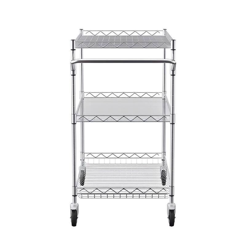 Silver Chrome Steel 3-Tier Utility Cart Rolling Cart with Wheels and Adjustable Shelves - 30" L x 18" W x 32.4" H