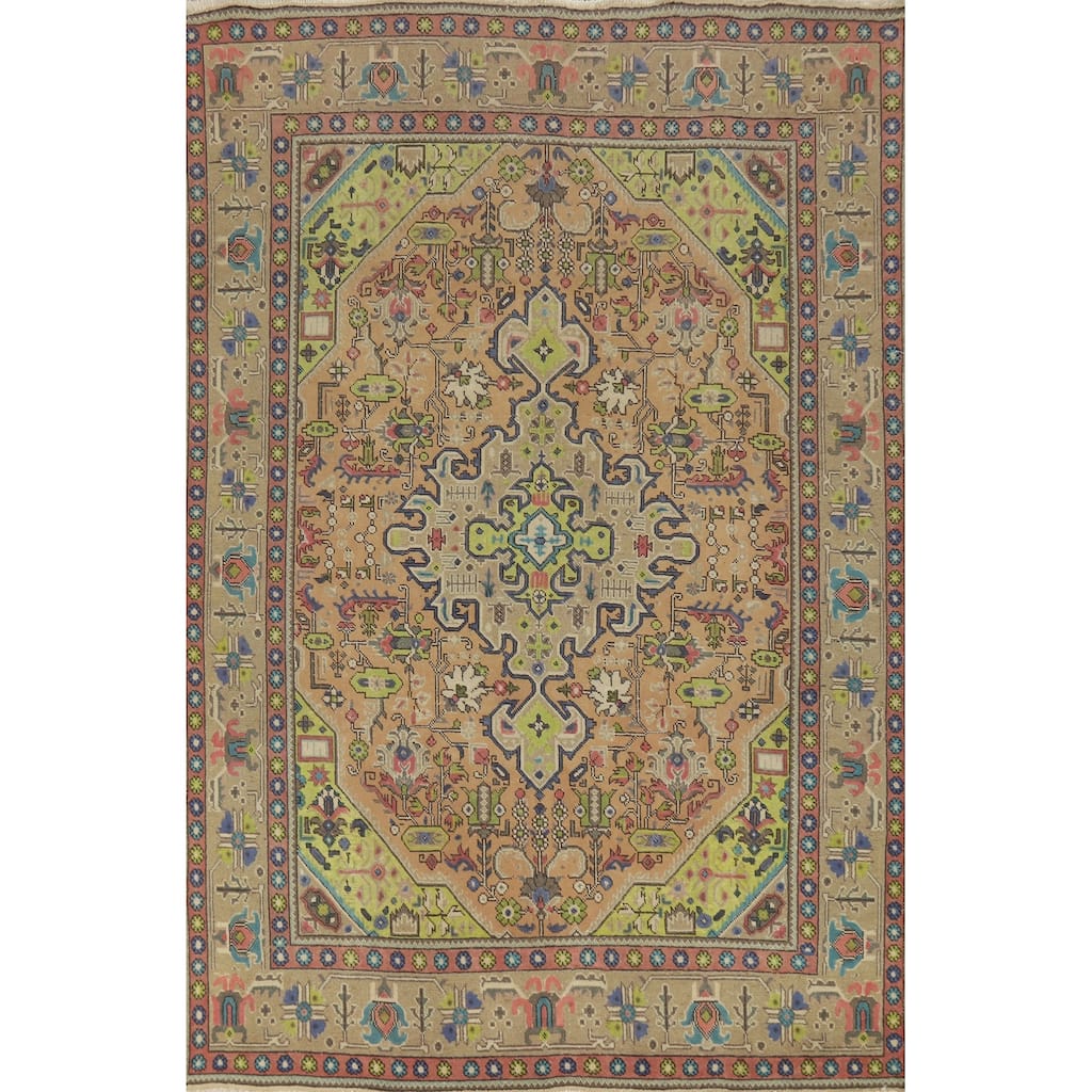 Hand Knotted Oriental 100% Wool Carpet Traditional Medallion Oranges & Rust Tabriz Area Rug - 9' 4'' X 6' 3''