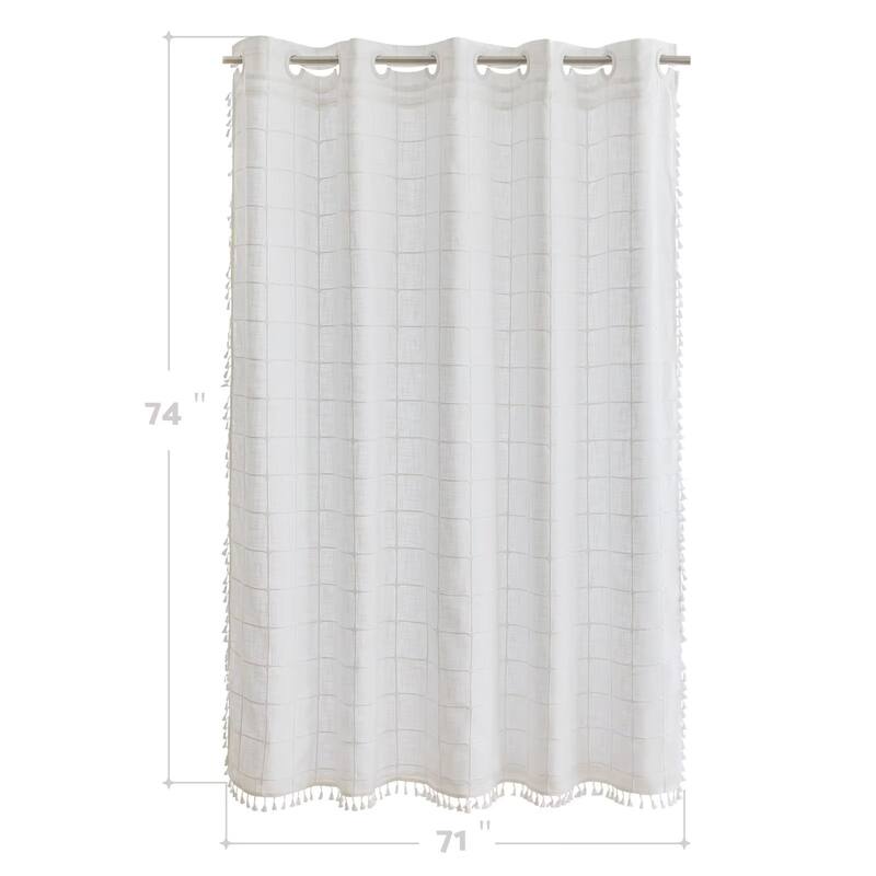 No Hooks Linen Textured Geometric Tassels Shower Curtain with Snap-in Liner