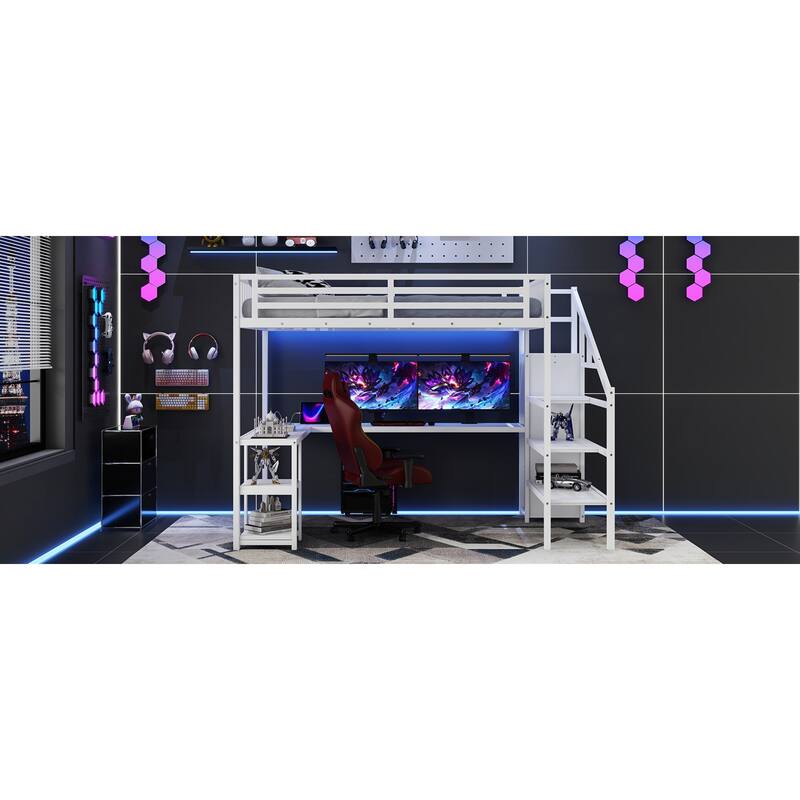 Roomfitters Queen Metal Loft Platform Bed, L-Shaped Desk and LED Wardrobe with Metal Frame for Bedroom or Guest Room, White