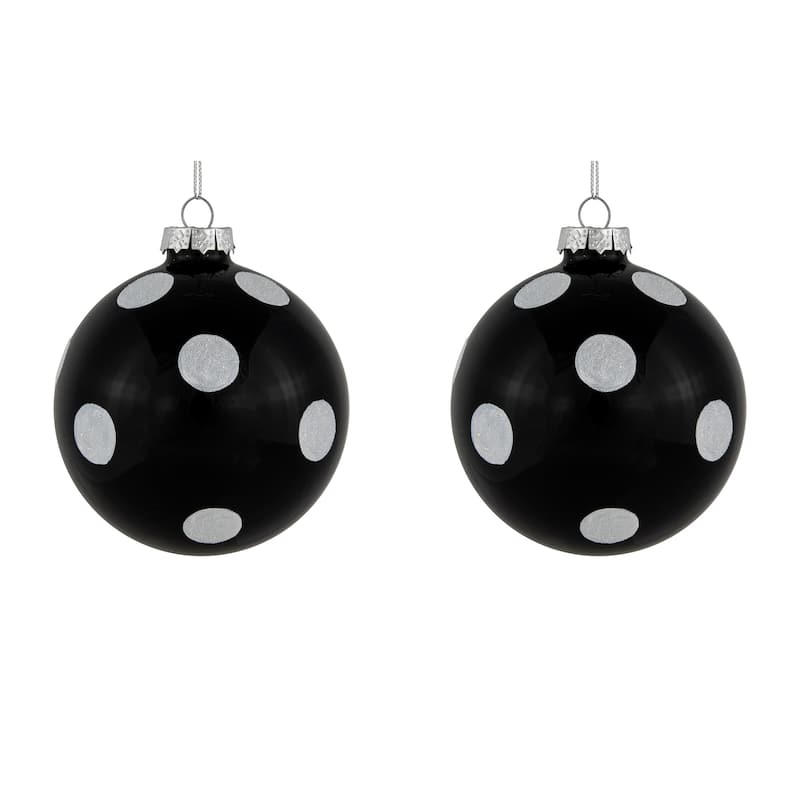 2 Black White Glittered Polka Dot Glass Christmas Ball Ornaments 4"