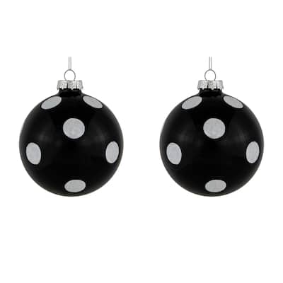 2 Black White Glittered Polka Dot Glass Christmas Ball Ornaments 4"