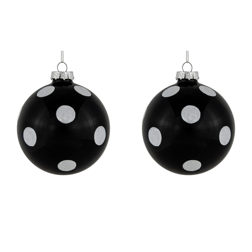 2 Black White Glittered Polka Dot Glass Christmas Ball Ornaments 4"