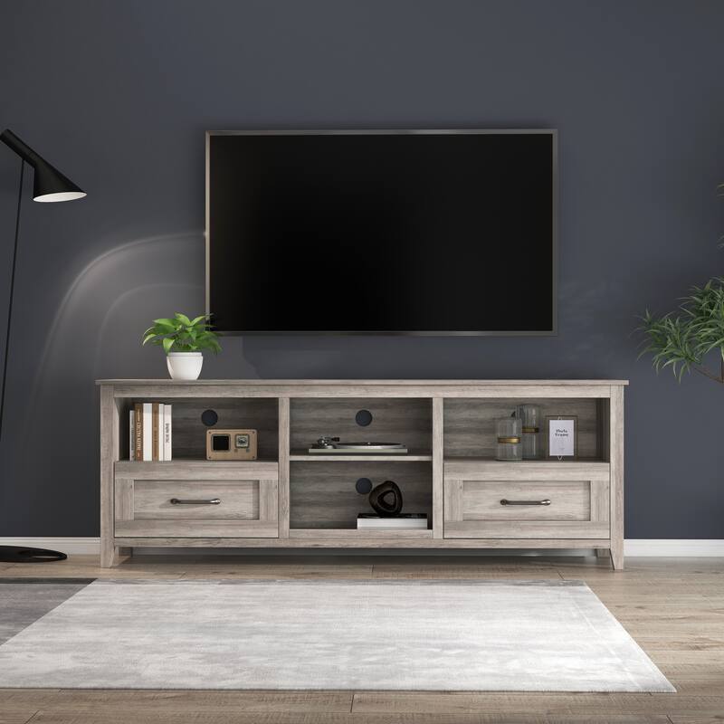 Contemporary TV Stand with 4 Open Storage Compartments and 2 Drawers, Fits 60 TVs, 70 W.