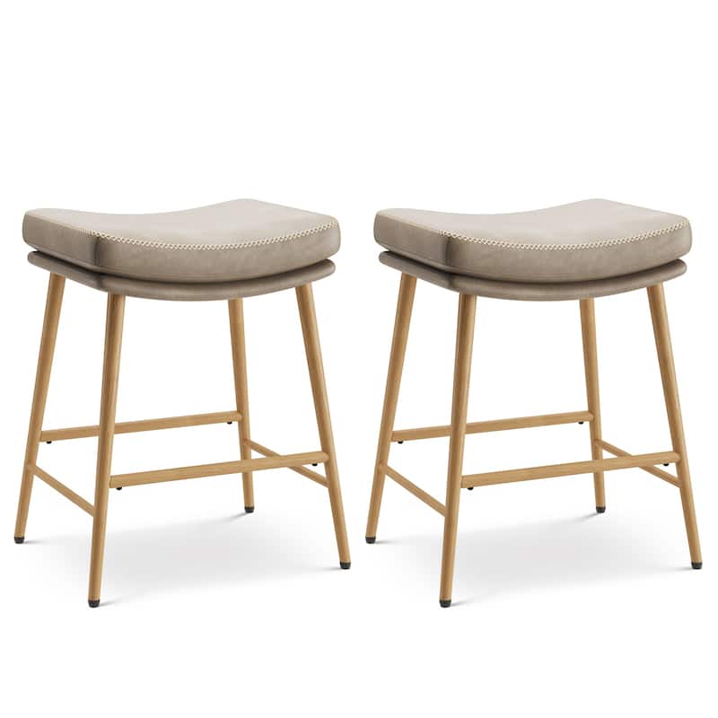 RENEWLINE Metal Bar Stools, 24 Inch Backless Counter Height Stools（Set of 2/3/4/6） with PU Leather Seat & Footrest - Set of 2 - Light Coffee