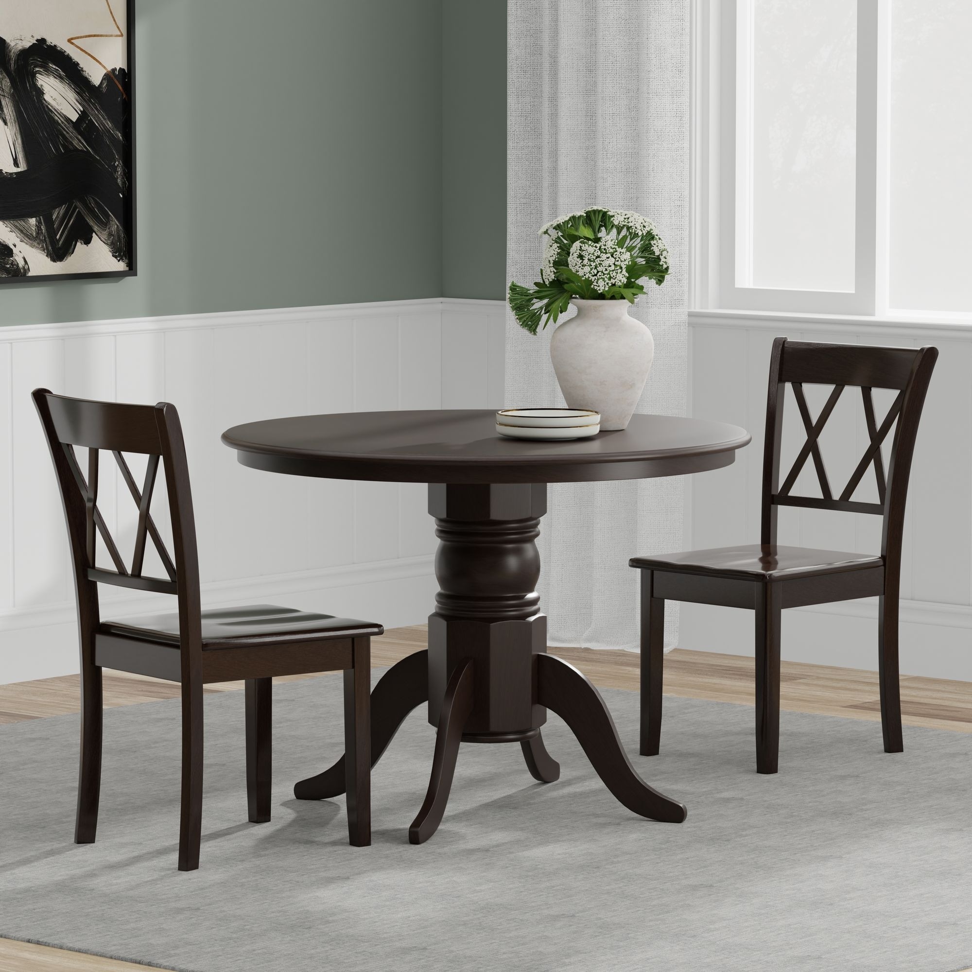 3-Piece Dining Set, 42" Round Pedestal Table and Double X-Back Chairs