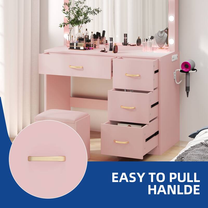 35.4" Mirror Makeup Vanity Table with Stool and Light Bulb - 35.4''L x 15.7''W x 53.5''H