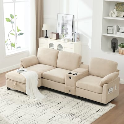 HOMEFUN Corduroy Upholstered L-Shaped 4-seater Storage Multifunctional Sectional Sofa with Storage Ottoman,Cup Holder and USB