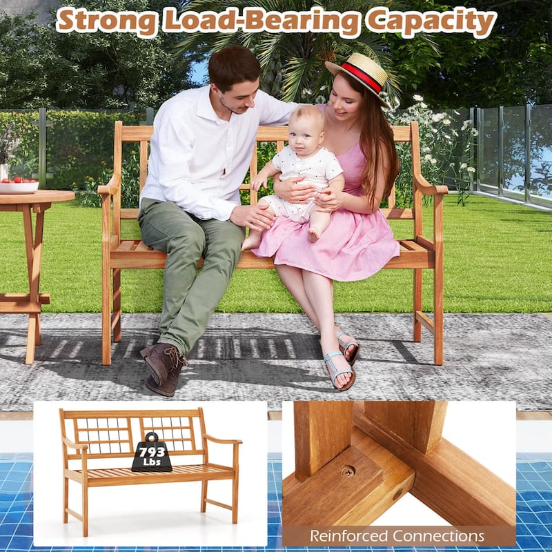 Patio Acacia Wood Bench Wooden 2-Person Outside Chair Outdoor Loveseat