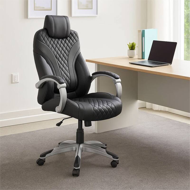 Kelly Rolling Executive Armchair, Black Gray Stitched-Back Caressoftplus