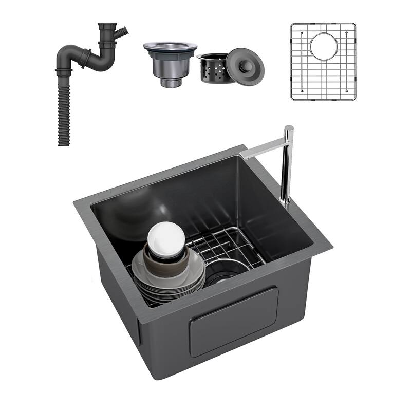 Black Kitchen Sink Bar Sink 16 Gauge Stainless Steel Undermount Sinks, 15'' x 17'' x 10''