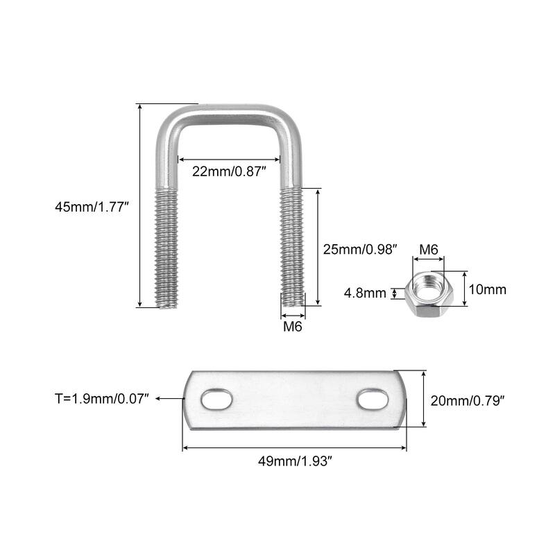 Square U-Bolts, 304 Stainless Steel U Clamp Bolt with Nuts and Plates, for Boat Trailer - M6x22x45mm