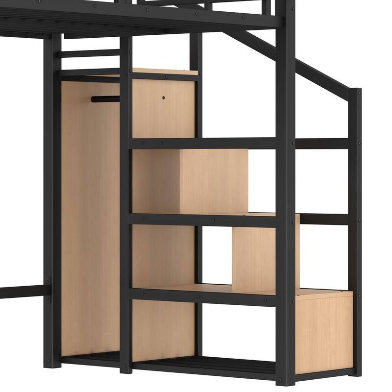 Twin XL / Full Size Loft Bed with Storage Stairs and Open Wardrobe, Metal Kids Bed Frame with USB Ports and LED Lights