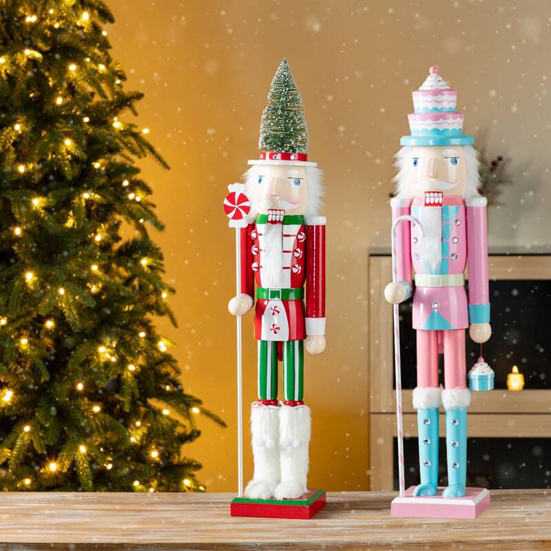 Glitzhome Wooden Christmas Green Brush Tree or Pink Cake Nutcracker