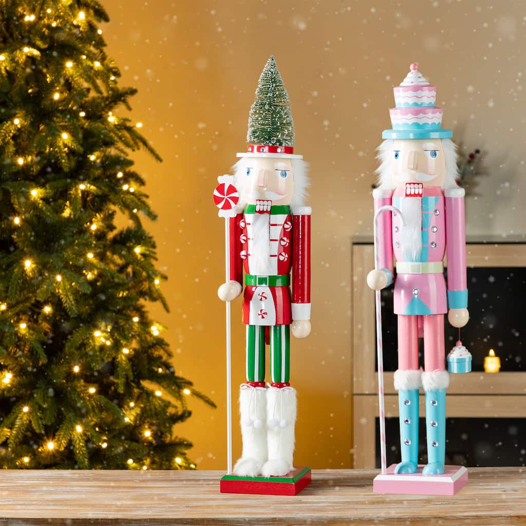 Glitzhome Wooden Christmas Green Brush Tree or Pink Cake Nutcracker