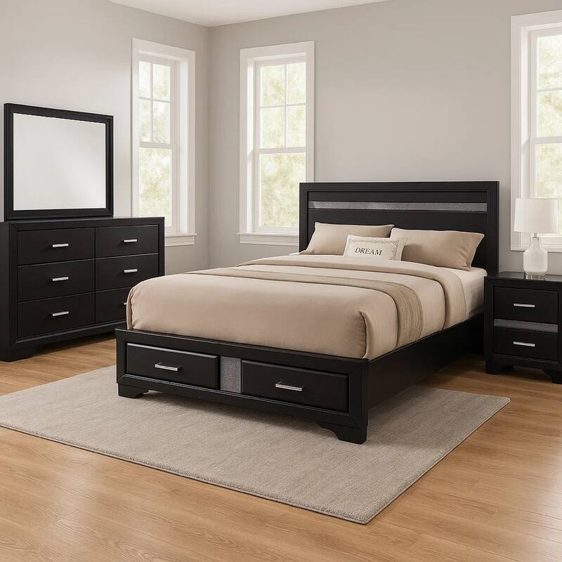 Vino Black 4pc California King Bed Set with Storage, Glitter Accent