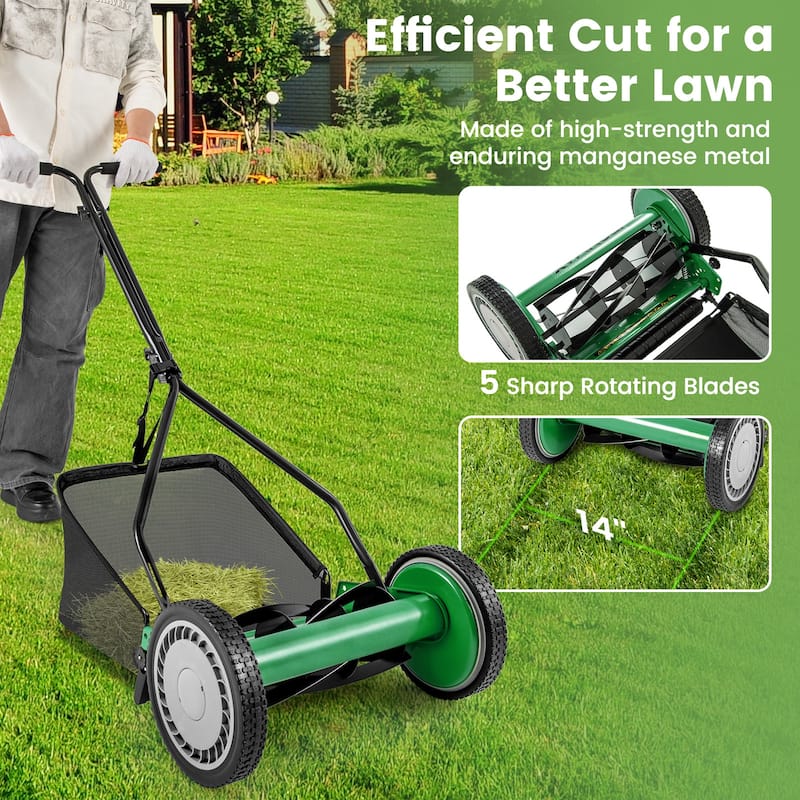 Green Steel Manual Reel Lawn Mower with 4 Heights and Grass Catcher Bag - 21" L x 28" W x 49" H