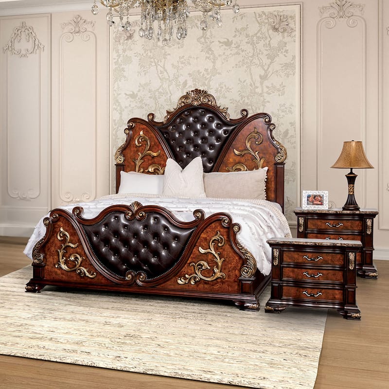 Furniture of America Cresswell Traditional 3-Piece Dark Cherry Faux Leather Tufted Panel Bedroom Set - Queen
