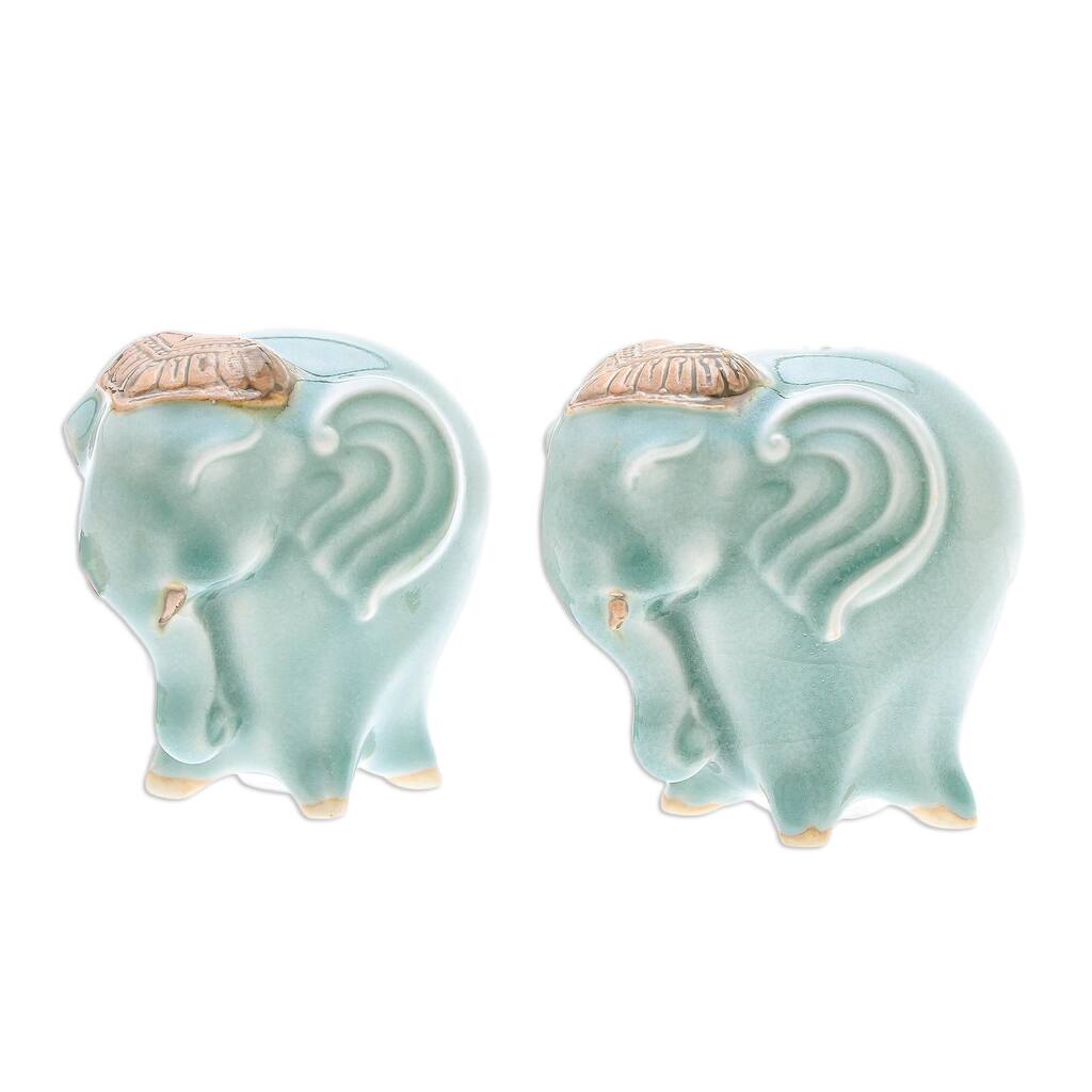 Novica Handmade Calm Elephants In Green Celadon Ceramic Salt And Pepper Shakers (Pair)