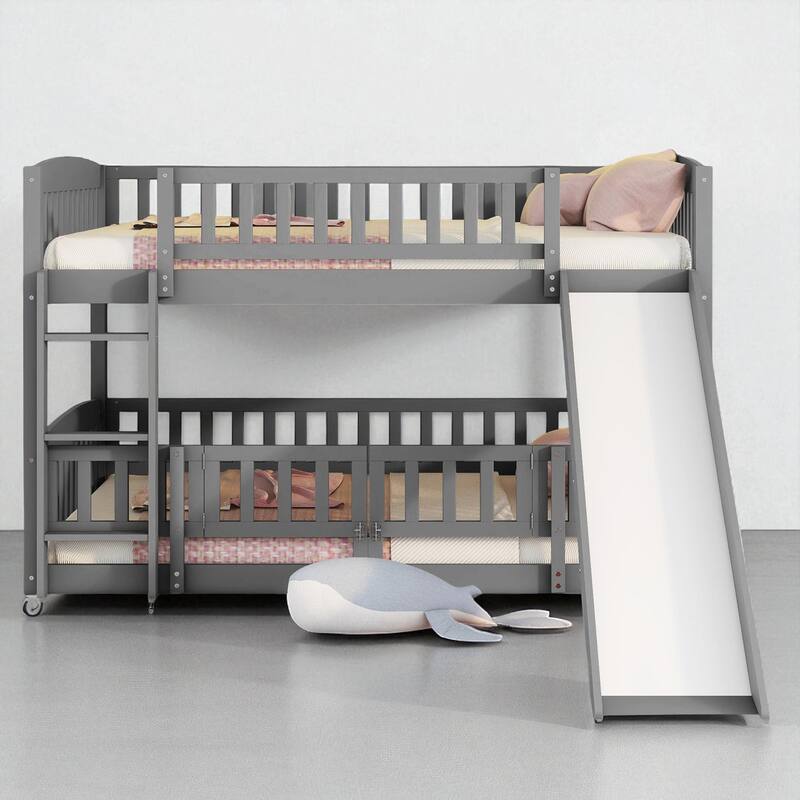 Twin Over Twin / Full Over Full Bunk Bed with Slide and Fence, Low Wood Frame with Ladder for Kids and Teens - Grey - Full
