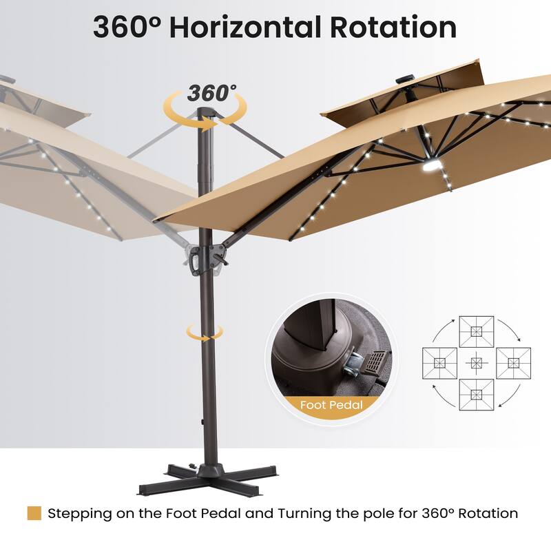 11 FT Square Outdoor Premium Double Top Solar Powered LED Patio Cantilever Umbrella