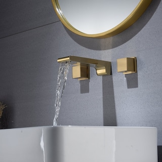 waterfall Brushed gold wall mount Dual Handle Bathroom Sink Faucets with Brass Pop up Overflow Drain