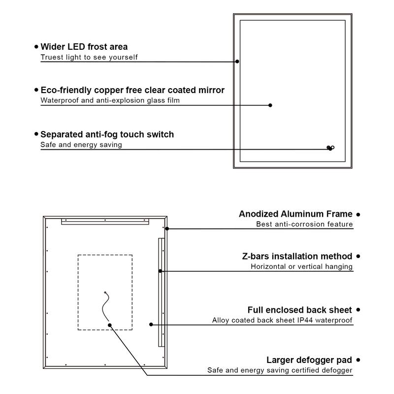 Retangular Wall Mounted LED Bathroom Mirror With Touch Switch Memory Mirror Anti-Fog (Horizontal/Vertical)