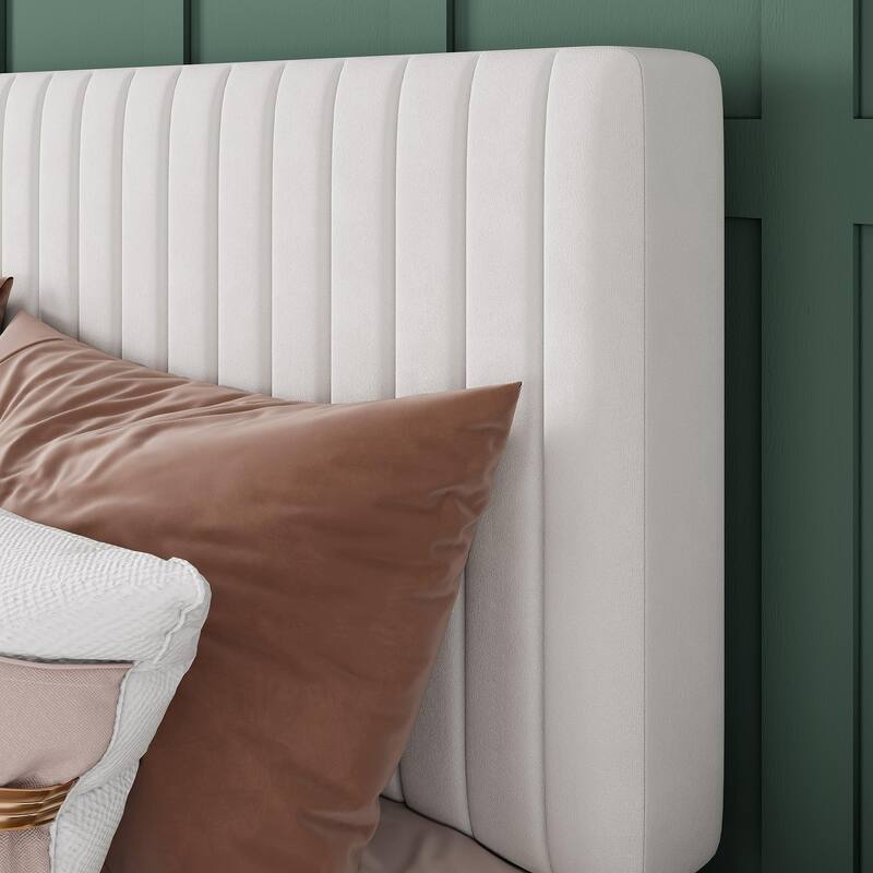 King Bed Frame, Velvet Upholstered Platform Bed with Vertical Channel Tufted Headboard, Mattress Foundation with Wooden Slats