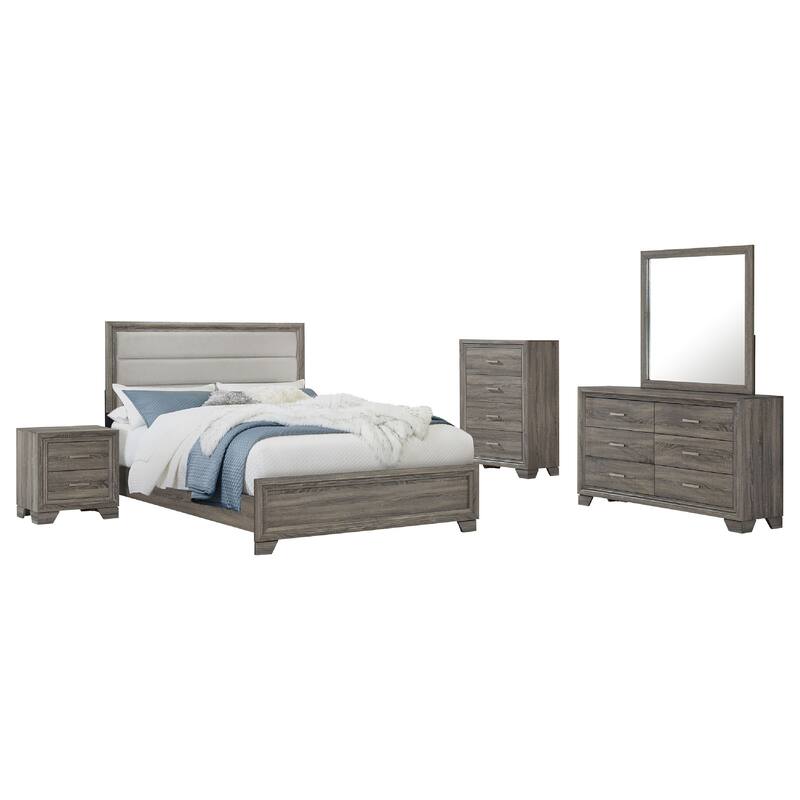 Reay 5 Piece King Bedroom Set with Dressers, Upholstered, Gray Brown