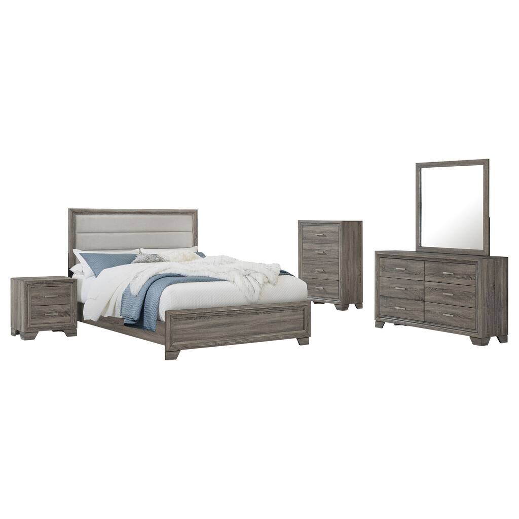 Reay 5 Piece Queen Bedroom Set with Dressers, Upholstered, Gray Brown