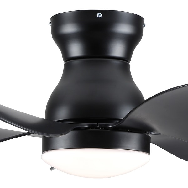 YUHAO 30 Inch Modern Matte White Indoor Flush Mount Small Ceiling Fan With  LED Light and Remote Control