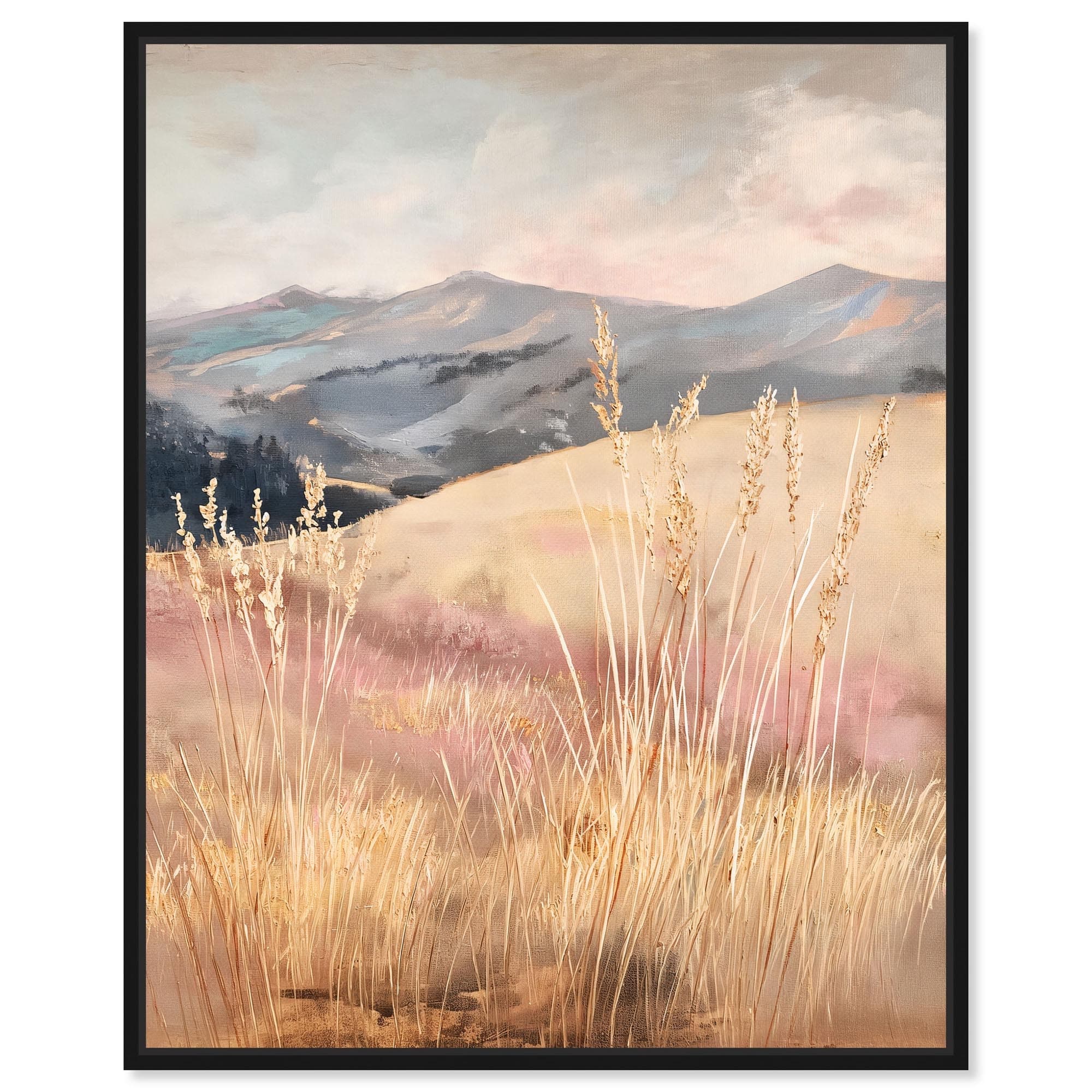 Golden Grass Landscape Art Framed Canvas Print by Art Remedy