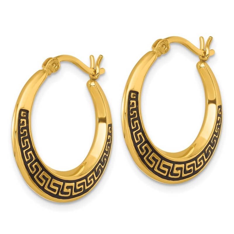 Curata 925 Sterling Silver Rhodium or Gold Plated Black Enamel Greek Key Hoop Earrings - 22x2mm