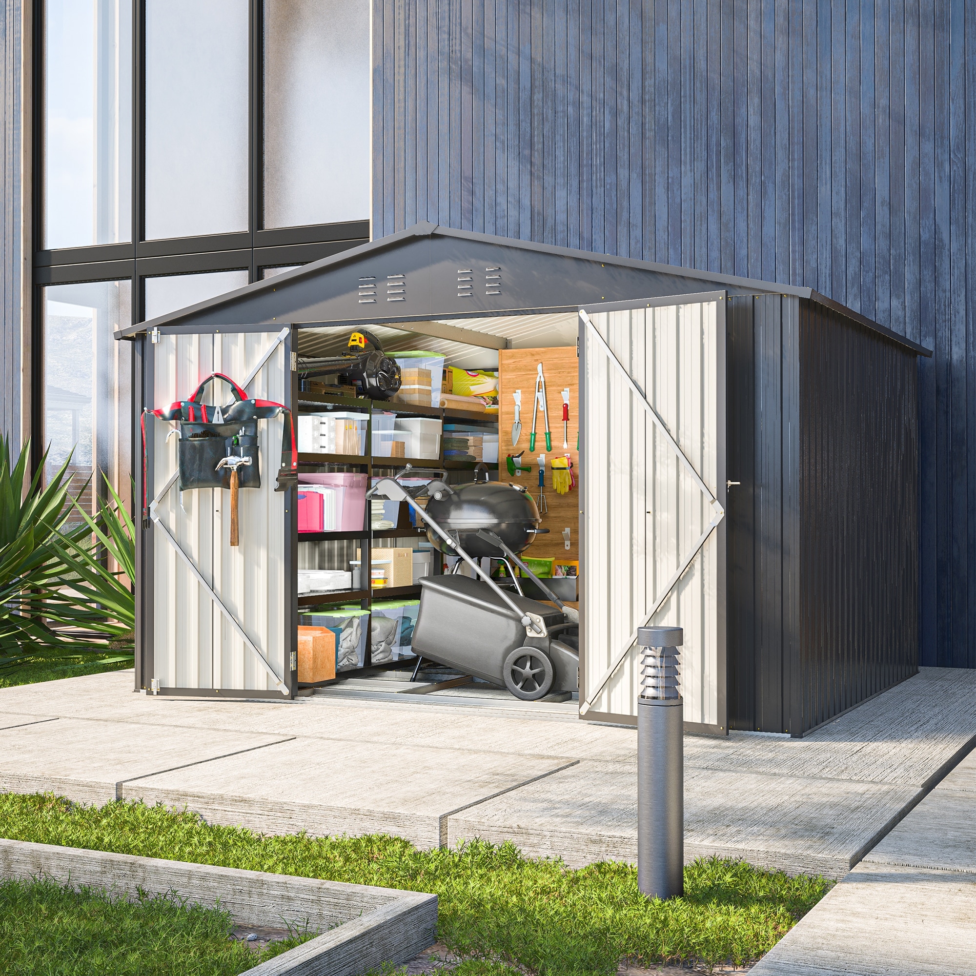 Garden Shed Outdoor Storage Shed All Weather Metal Sheds Tool Storage Shed  with Lockable Doors for Backyard Patio