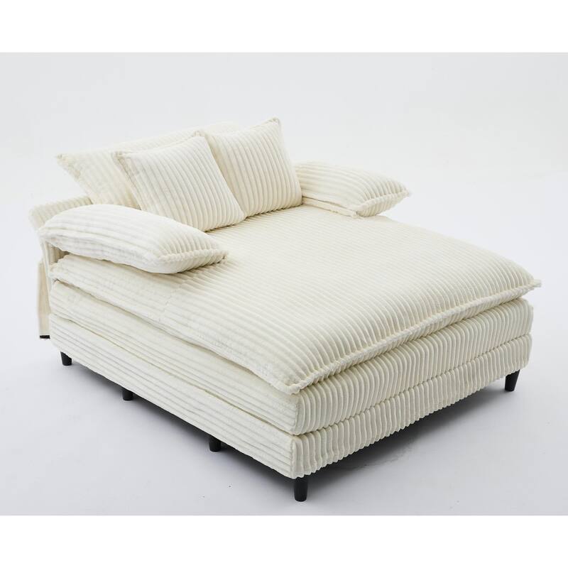 Corduroy Oversized Chaise Lounge with 4-Position Adjustable Backrest, 2 Pillows & 300lb Capacity - Convertible Sofa Bed