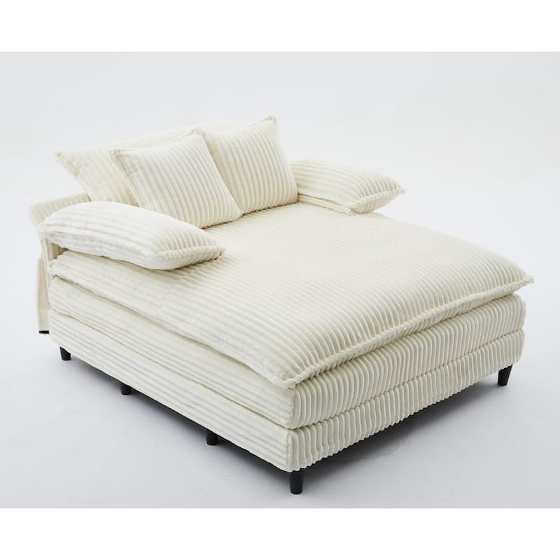 Reclining Sleeper Sofa Bed Single Chaise Lounge Corduroy Upholstered Lounge Couch Chair with Adjustable Backrest and Pillows